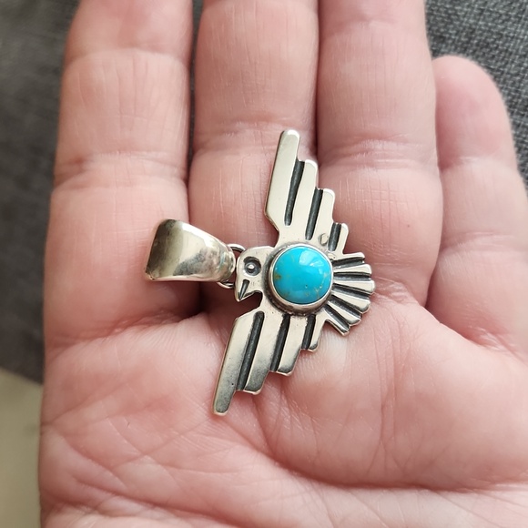 NWOT Native American Navajo Turquoise & Sterling Thunderbird Pendant π©΅π - Picture 9 of 11